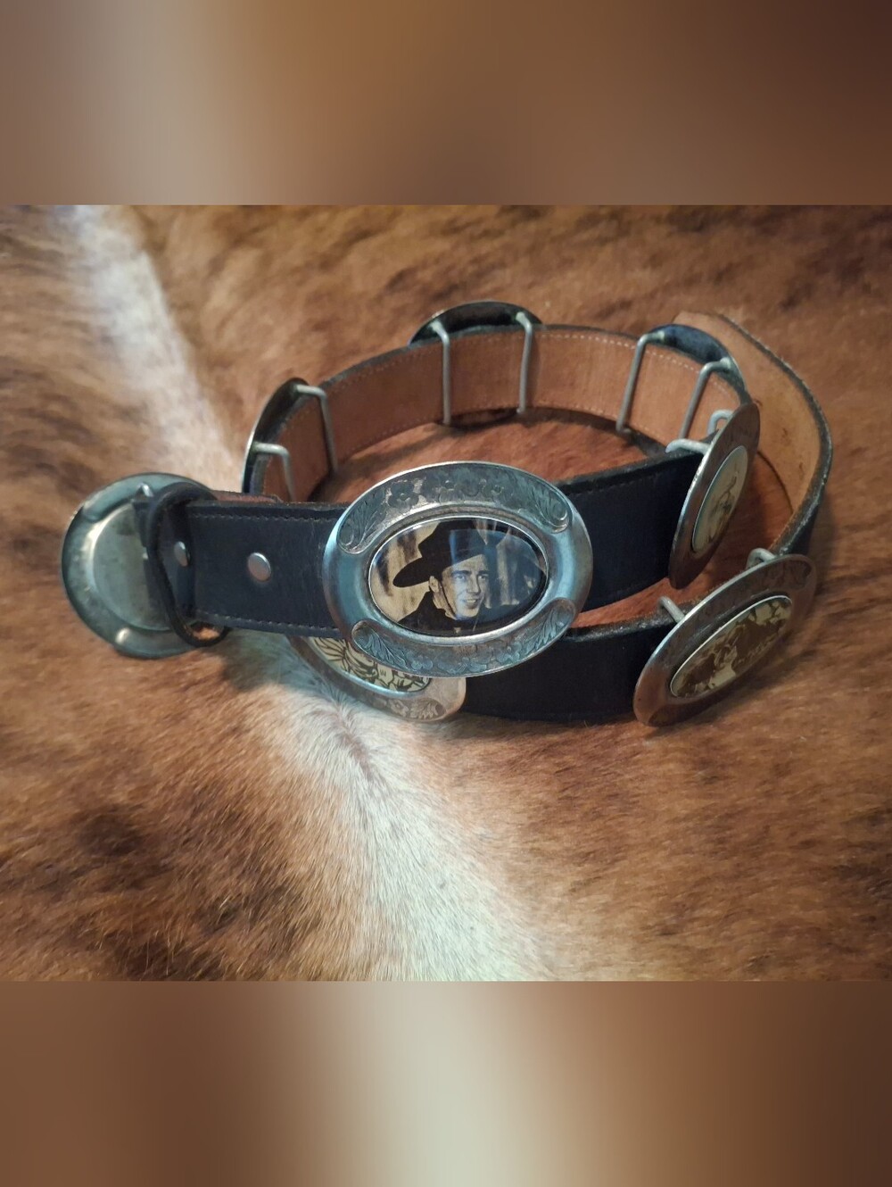 *RARE* Vintage Black Leather Belt with Western Actor Portrait Conchos